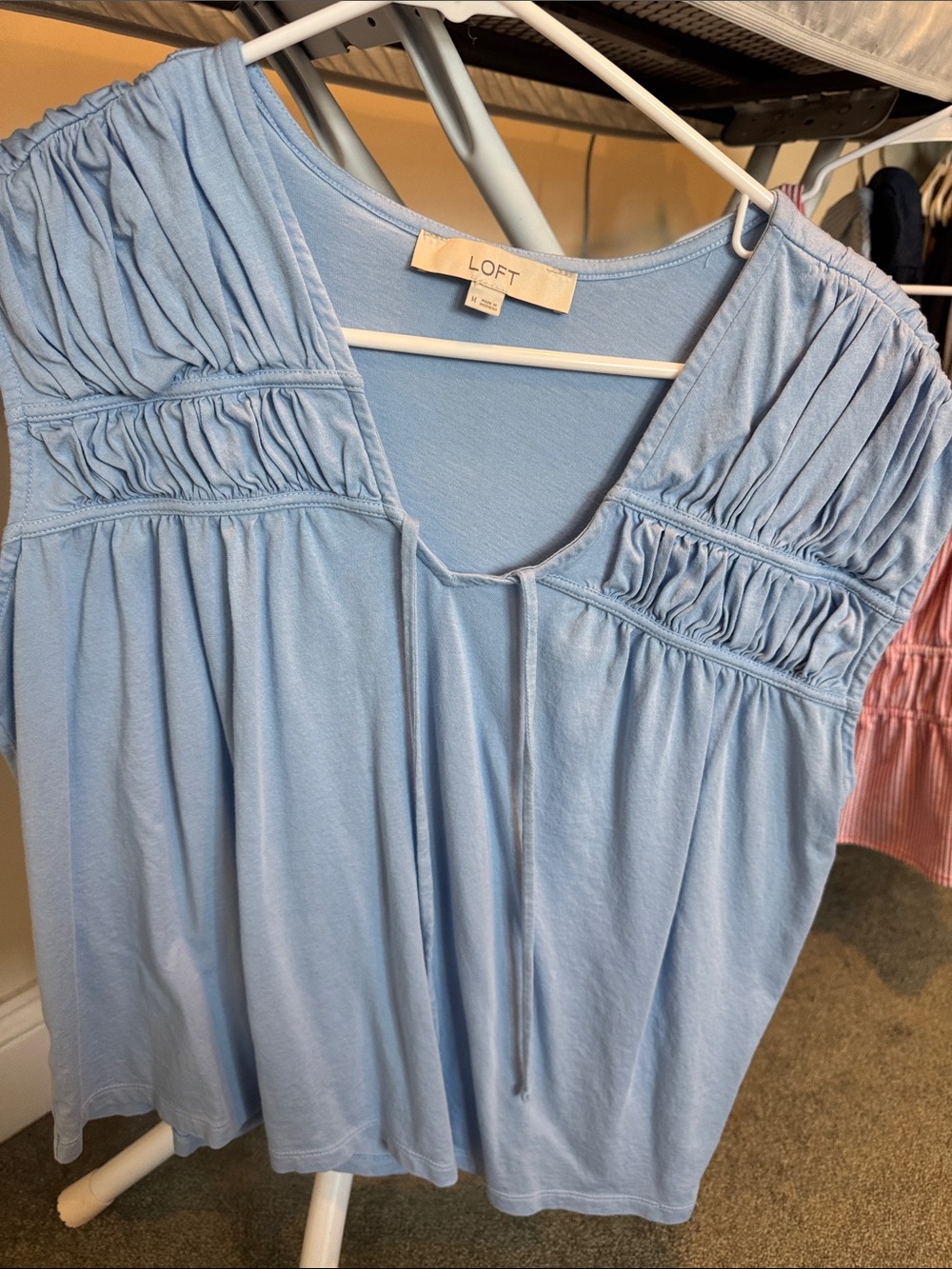 LOFT Light Blue Short Sleeve Gathered Yoke Top